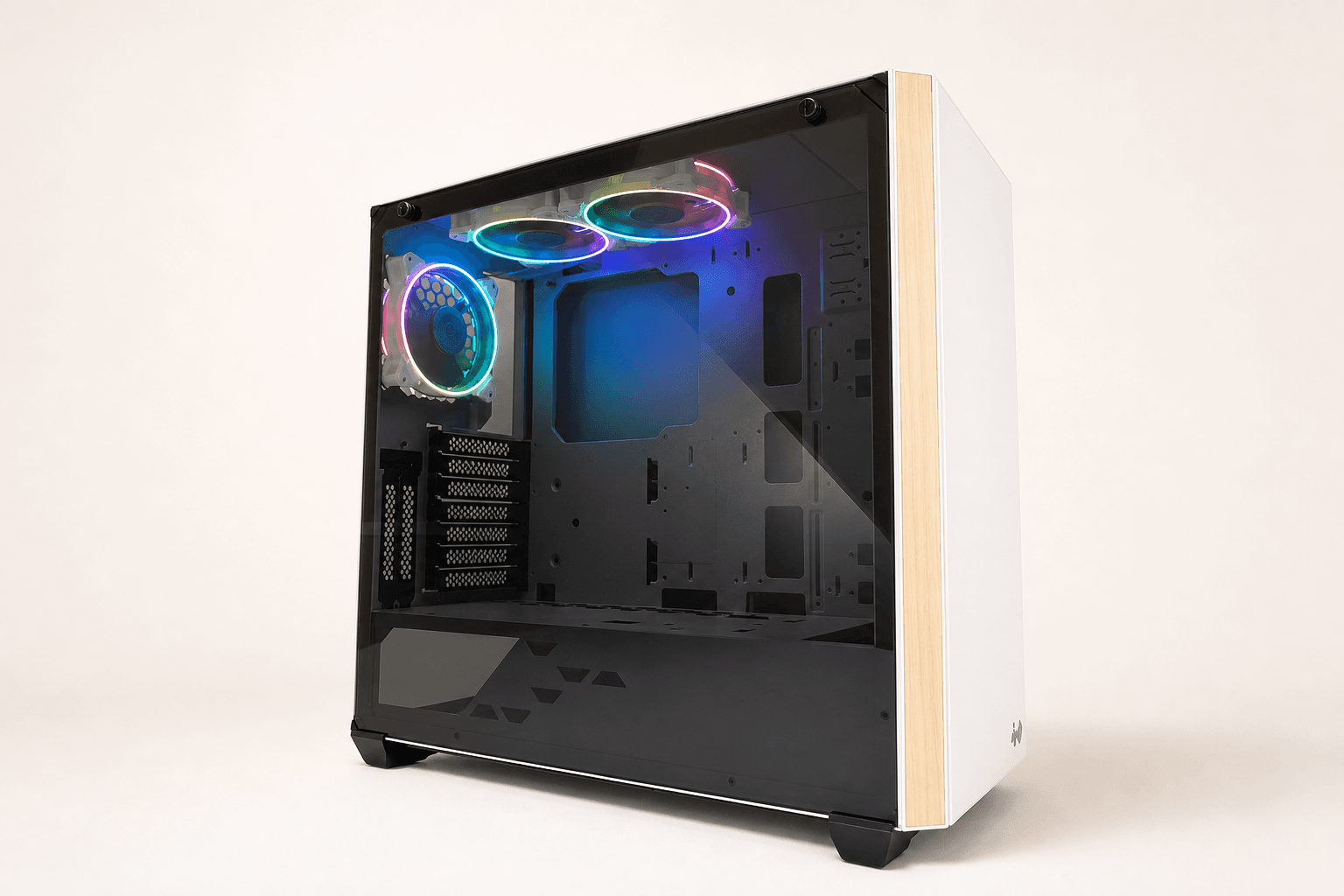 Белый корпус InWin 216 с чистым белым обликом, древесной фактурой и RGB-вентиляторами Sirius Pure